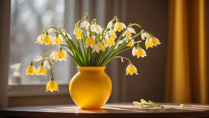 Vase with snowdrops in the room retro