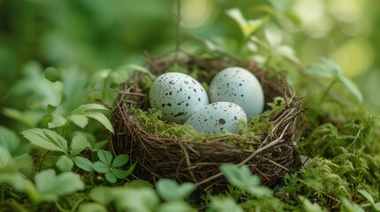 Naklejka na ściany i meble four eggs in a bird nest in a green grass