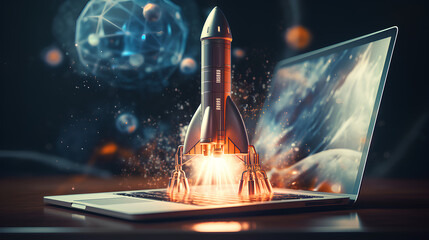 Futuristic concept of a rocket launching from a laptop screen. Fast working concept.