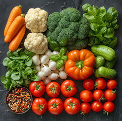 Variety of fresh vegetables on dark background, top view