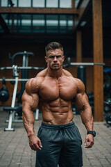 Male Bodybuilder Striking a Pose in a Gym. Generative AI.