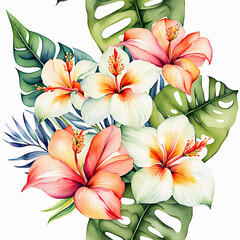 Fototapeta premium Hand drawn watercolor flower, tropical floral pattern and background, botanical seamless