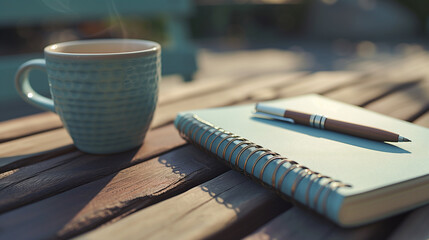 A blue cup with steam and a notebook with a pen on a wooden outdoor table - Powered by Adobe