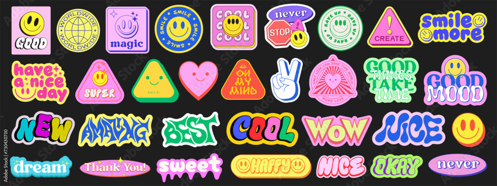 Aufkleber set of cool y2k stickers vector design. collection of pop art patches. smile emoji graphic elements.