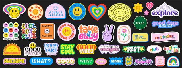 Set Of Cool Y2k Stickers Vector Design. Collection Of Pop Art Patches. Smile Emoji Graphic Elements. Groovy Badges. Graffiti Street Art Typography. - obrazy, fototapety, plakaty