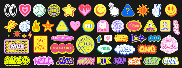 Set Of Cool Y2k Stickers Vector Design. Collection Of Pop Art Patches. Smile Emoji Graphic Elements. Groovy Badges. Graffiti Street Art Typography.