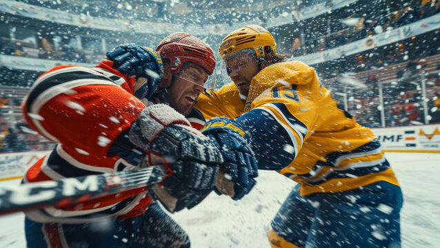 Hockey fight at the boards, bodycheck, rink of sport arena