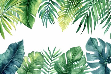 Watercolor banner tropical leaves and branches isolated on white background. - obrazy, fototapety, plakaty