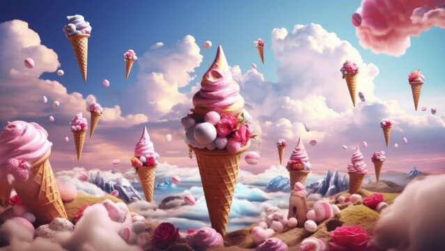 fantasy ice creams floating in a sky of fluffy clouds