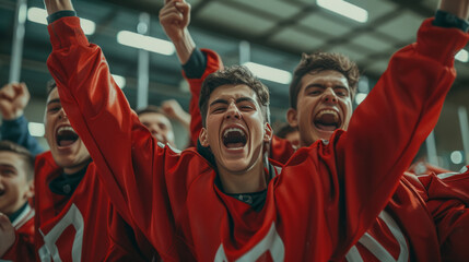 Hockey players are cheering, rink of sport arena