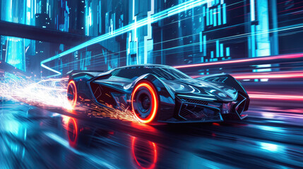 Super sports car drives fast on city road, futuristic auto moves on highway with fire and sparks. Luxury racing vehicle on street in future. Concept of speed, motion, blue light, wheel