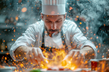 Focused chef cooking with flames in kitchen