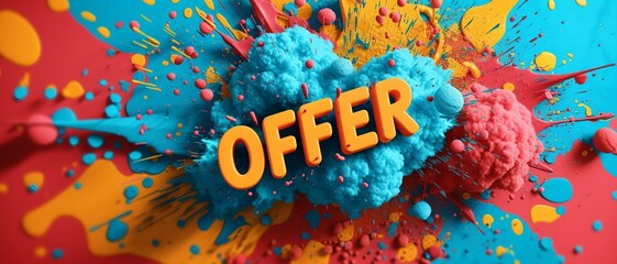 Offer sale banner template design, offer word in 3d letters on colorful background with paint splashes explosion .
