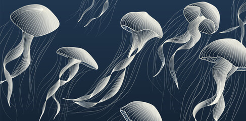 Dark blue art background with jellyfish in white line art style. Animalistic banner for decoration, print, textile, wallpaper, interior design, poster, packaging. © VectorART