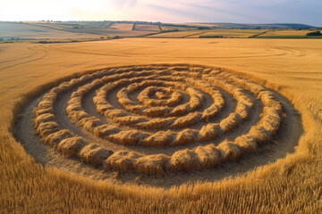 Fototapeta na wymiar Drone shot of a patterned crop circle, highlighting the mystery and intricacy of its design. Concept of unusual formations and aerial mysteries. Generative Ai.