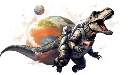 Fototapeta premium Dinosaur t rext astronaut with planet earth in the background from outer space.