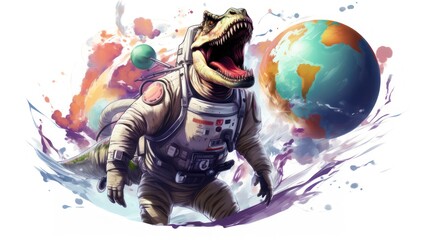 Dinosaur t rext astronaut with planet earth in the background from outer space.