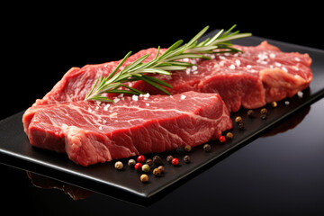 Pieces of raw roast beef meat with with pepper and rosemary on a black tray on a black glass table with reflection