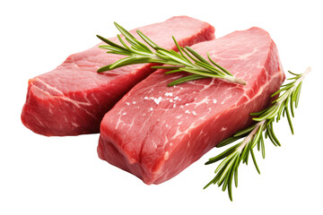 Two Pieces of raw beef meat seasoned with salt and rosemary on a cutout PNG transparent background