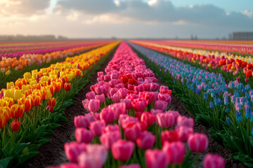 Aerial shot of a colorful tulip field, displaying the vibrancy and organization of floral cultivation. Concept of flower farming and patterned landscapes. Generative Ai.