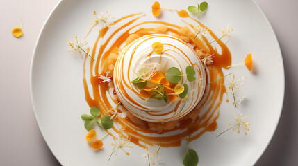 Top-View of a Beautiful White Plate Of Michelin Star Dessert with Cream and Caramel - Powered by Adobe