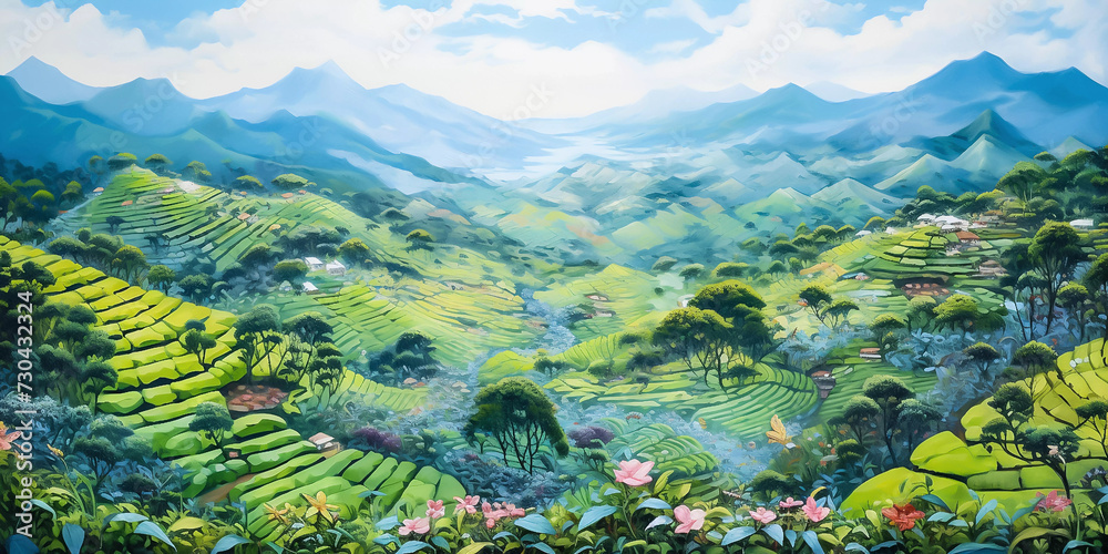 Wall mural beautiful panorama of tea plantation in the morning. digital painting of asian mountainous landscape