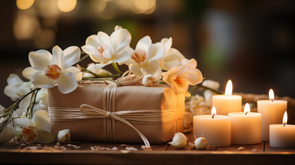 Obraz na płótnie Canvas Aromatic candles with a gift and white orchid flowers for the zen concept.