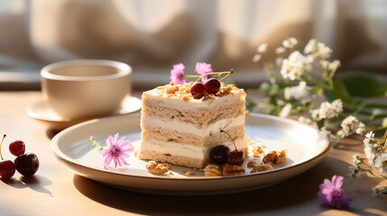 Piece of cheesecake with cherries and flowers and a cup of coffee in the back