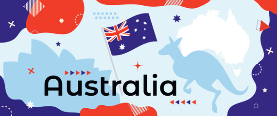 Australia national day design with Australian flag and map with Kangaroo and Sydney Opera House landmark silhouettes. Abstract geometric banner with blue and red simple shapes