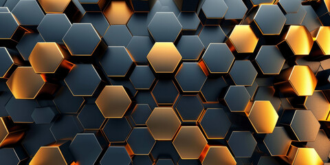 Abstract futuristic luxurious digital geometric technology hexagon background banner illustration 3d - Glowing gold, brown, gray and black hexagonal 3d shape texture wall