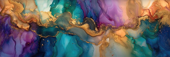 Currents of translucent hues, snaking metallic swirls. Natural luxury abstract fluid art painting in alcohol ink technique