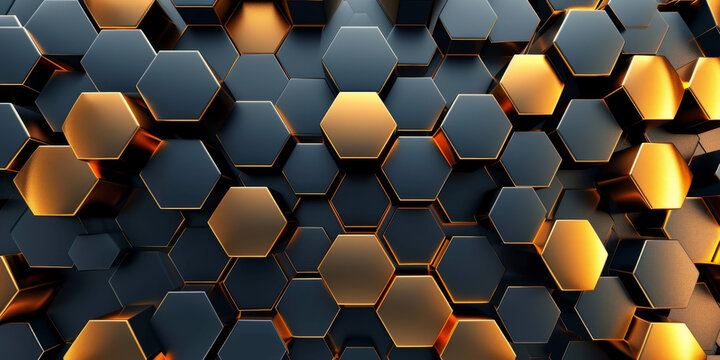 Abstract futuristic luxurious digital geometric technology hexagon background banner illustration 3d - Glowing gold, brown, gray and black hexagonal 3d shape texture wall