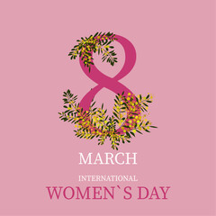 Happy Women`s Day. 8 march international holiday background. Greeting card. Bracnches of mimosa.  Vector ilustration isolated on pink background 