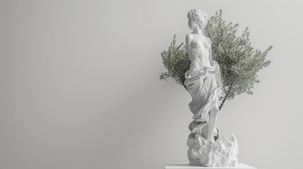 girl model mannequin, with large white earthy pot with olive tree in it , all white background, space for text 