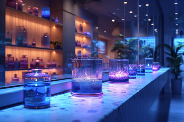 A window display with indigo gels, attracting attention with its deep and rich color. Concept of visual merchandising and mood lighting. Generative Ai.