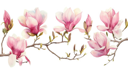 Watercolor blooming pink magnolia flowers and branches isolated transparent background. PNG Format.