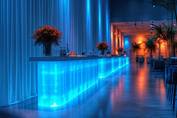 A corporate event with teal gels, adding a modern and professional touch to the space. Concept of corporate branding through lighting. Generative Ai.