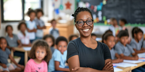 Obraz premium A young teacher in the background of a classroom at a school with children smiling in the background