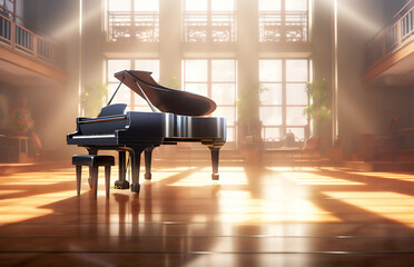 Piano background in a big hall for indoor concerts, digital illustration