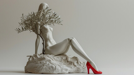 fashion model mannequins wearing red heels, with large white rough pot consisting of green olive tree or plant, isolated on white background