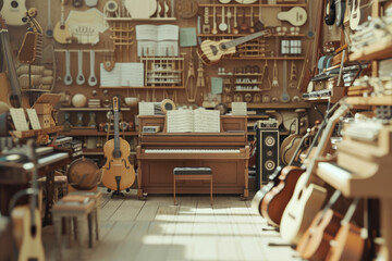 music store, with instruments and sheet music