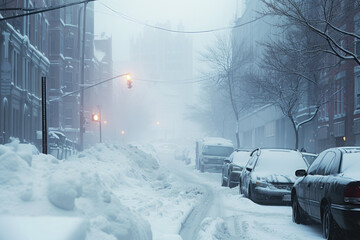 blizzard in a city, with snowdrifts and icy roads
