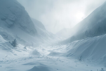 blizzard in a mountain pass, with snowdrifts and whiteout conditions. - obrazy, fototapety, plakaty