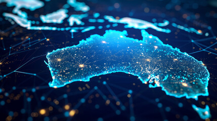 Electronic map of Australia, illustrating worldwide connectivity and links, data sharing and cyber advancements, business interactions, intelligence and telecommunication.  - obrazy, fototapety, plakaty