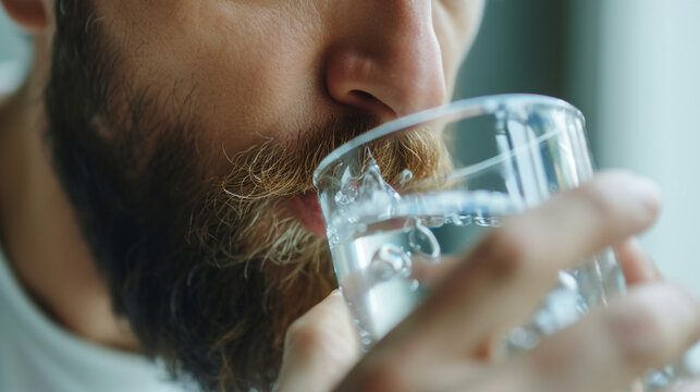 a man drinks water from a transparent glass