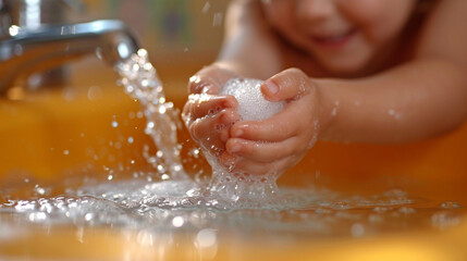 Fototapeta premium A small child tries to wash himself from the tap