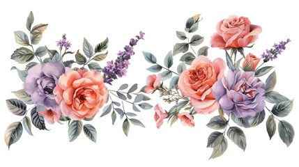 Watercolor bouquet of roses and lavender flowers isolated transparent background. PNG Format.