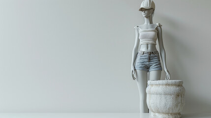 fashion model Female Mannequin wearing jeans shorts and white cap, Isolated on white background,...