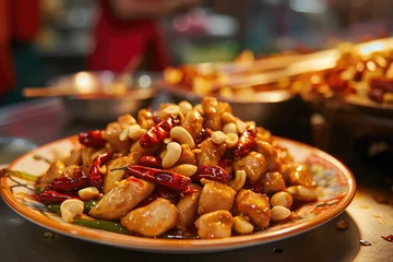 Keuken spatwand met foto close-up shot of a plate of kung pao chicken, with tender chicken pieces, peanuts, and dried chili peppers © Formoney