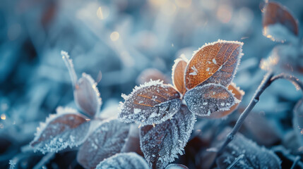 Detailed closeup of frozen winter leaves, creating a captivating winter background.